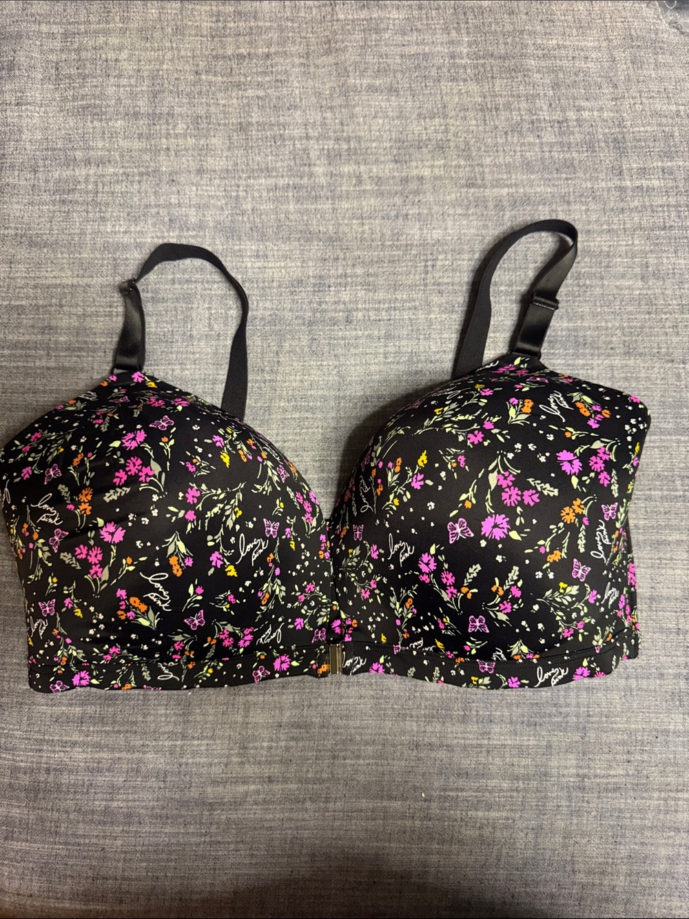 PINK Victoria's Secret Black Bra with Pink & Orange Floral Print Front closure